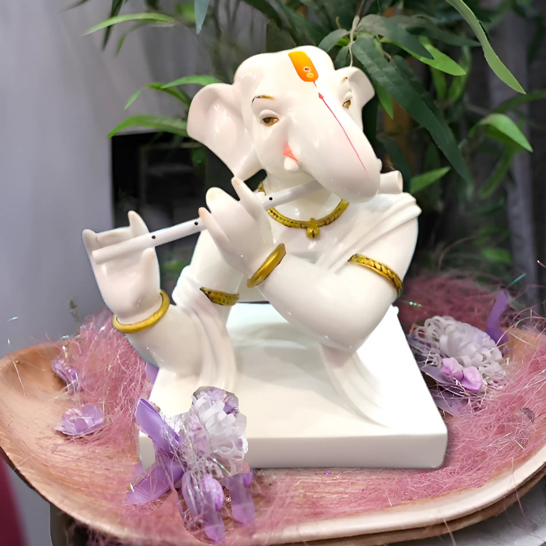 Lord Ganesh Playing Flute Marble Statue